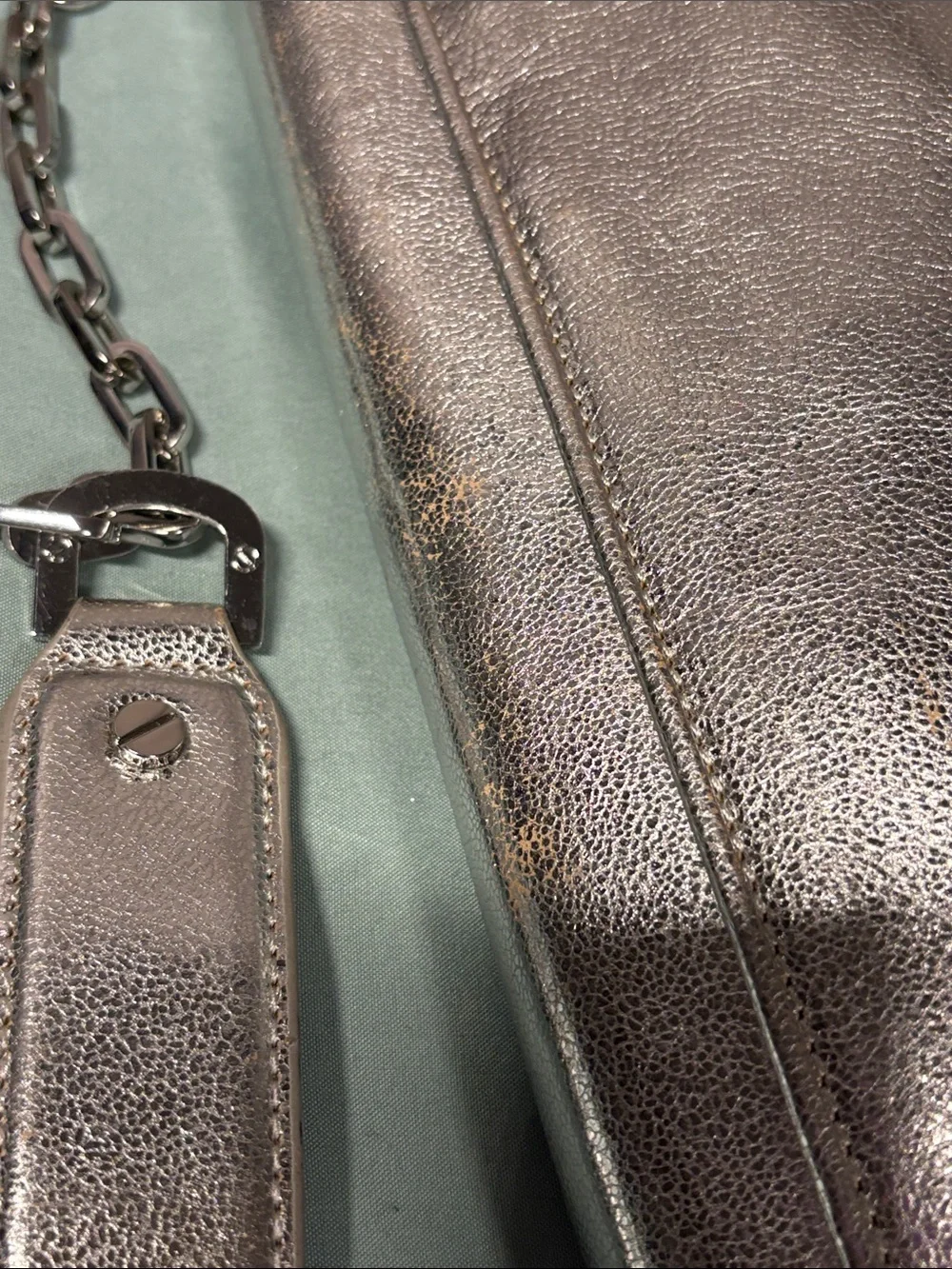 Tory Burch Reva Metallic Silver Crackled Leather Chain Clutch Shoulder Bag